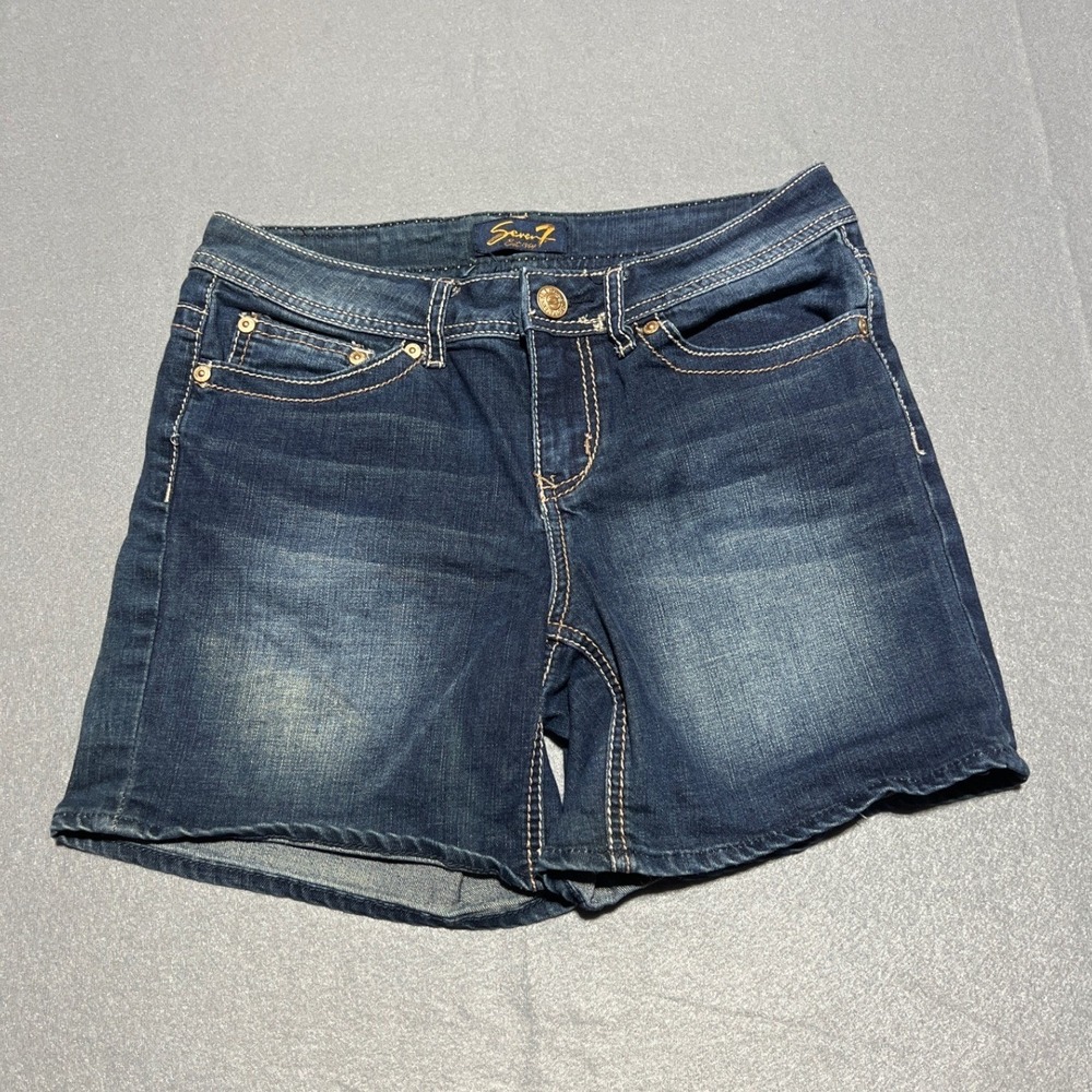 Seven7 Womens Dark Wash Denim Shorts Size 6 Blue Embroidered Pockets Stretch